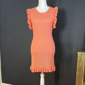 🧶 Mustard Seed Crochet Knit Mini Dress – Coral Ruffle Sleeve – NWT Size L